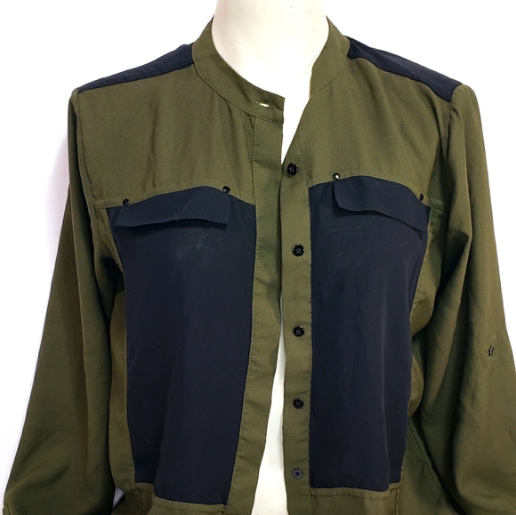 Kenneth Cole Tops - Kenneth Cole Green & Black Button Up Blouse